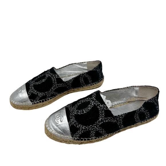 Chanel Black Tweed CC Espadrilles with Silver Cap Toe Jute Sole Flats Size 40 - Picture 4 of 10